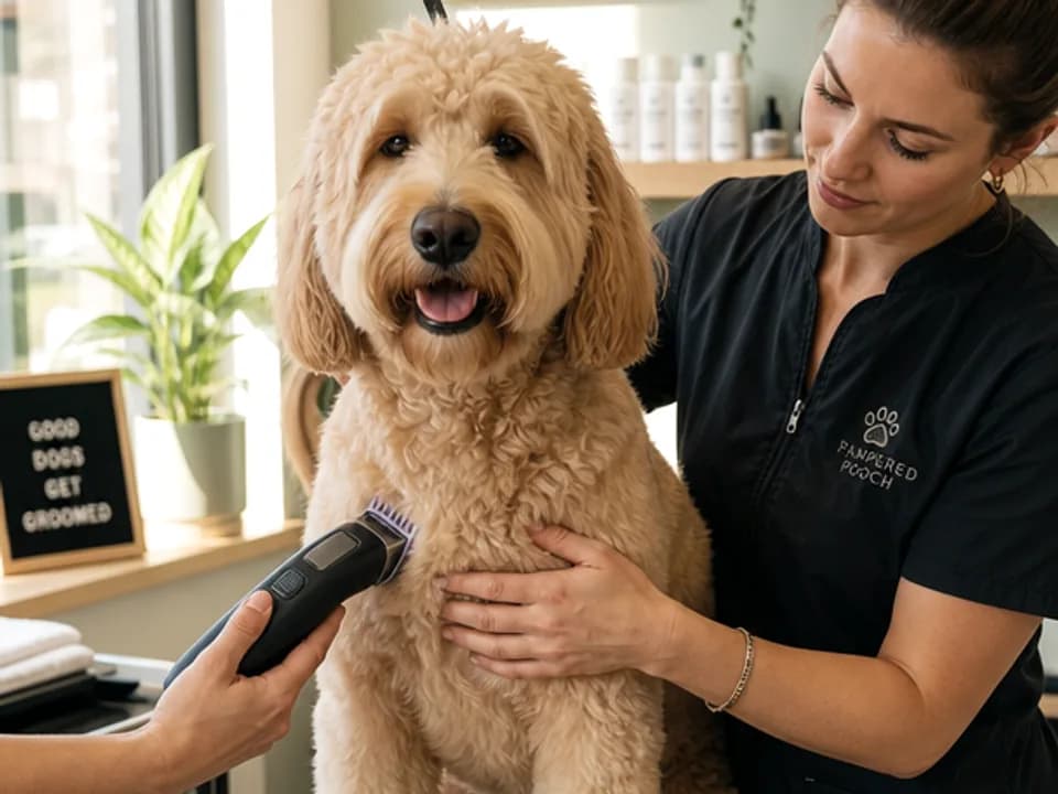 Groomer carefully trimming a relaxed dog in a bright salon.