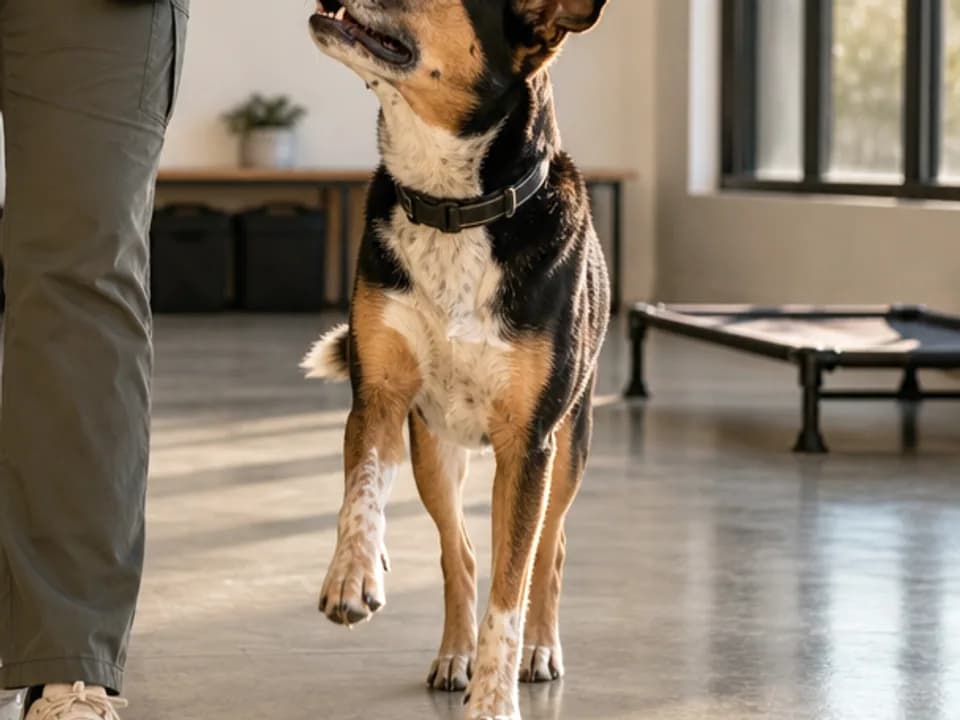 Dog-care professional moving alongside an attentive dog in a sunlit care studio.
