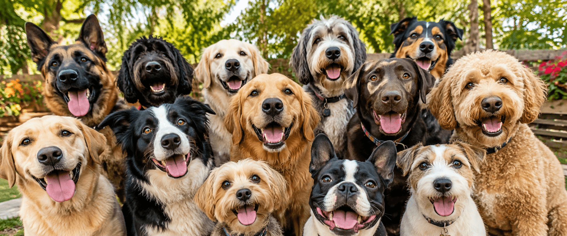 A happy pack of dogs gathered outdoors.